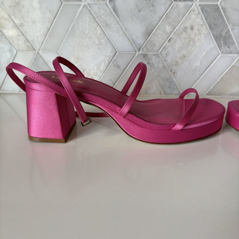 Larroude Size 9 Hot Pink Strappy Platform Block Heel Sandal Gio Sandal Satin - Picture 5 of 12